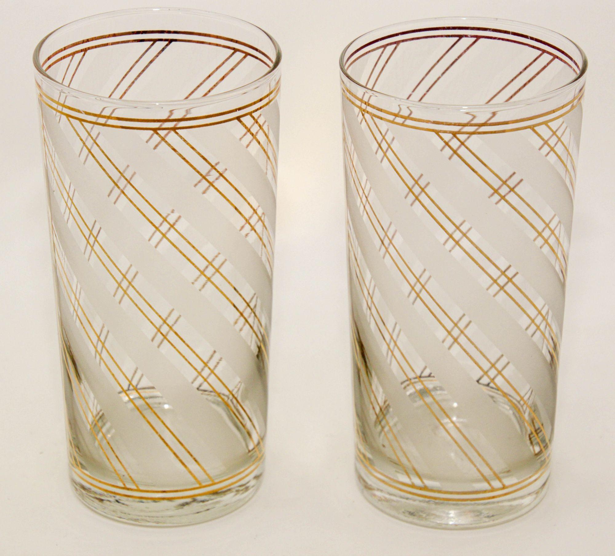 Post-Modern Vintage Art Deco Culver Gold Striped Set of 2 High Ball Tumblers For Sale