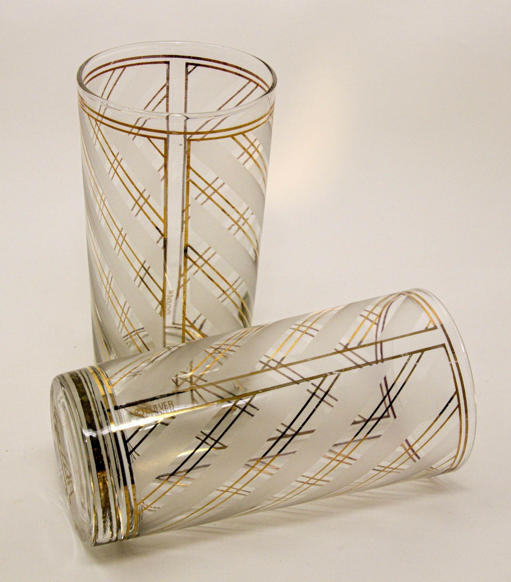 Glass Vintage Art Deco Culver Gold Striped Set of 2 High Ball Tumblers For Sale