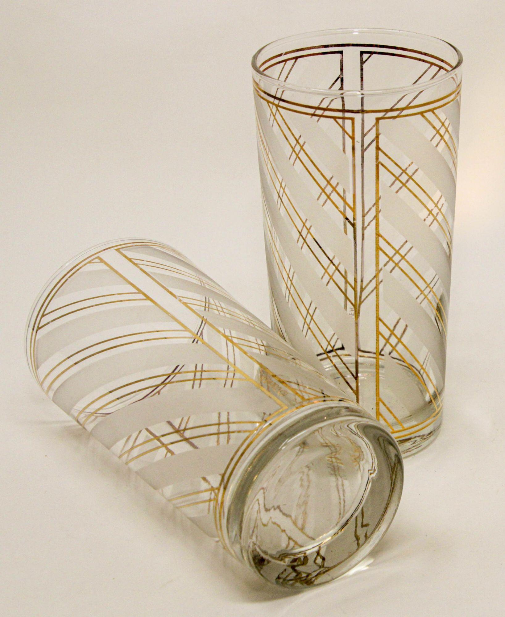 Vintage Art Deco Culver Gold Striped Set of 2 High Ball Tumblers For Sale 1