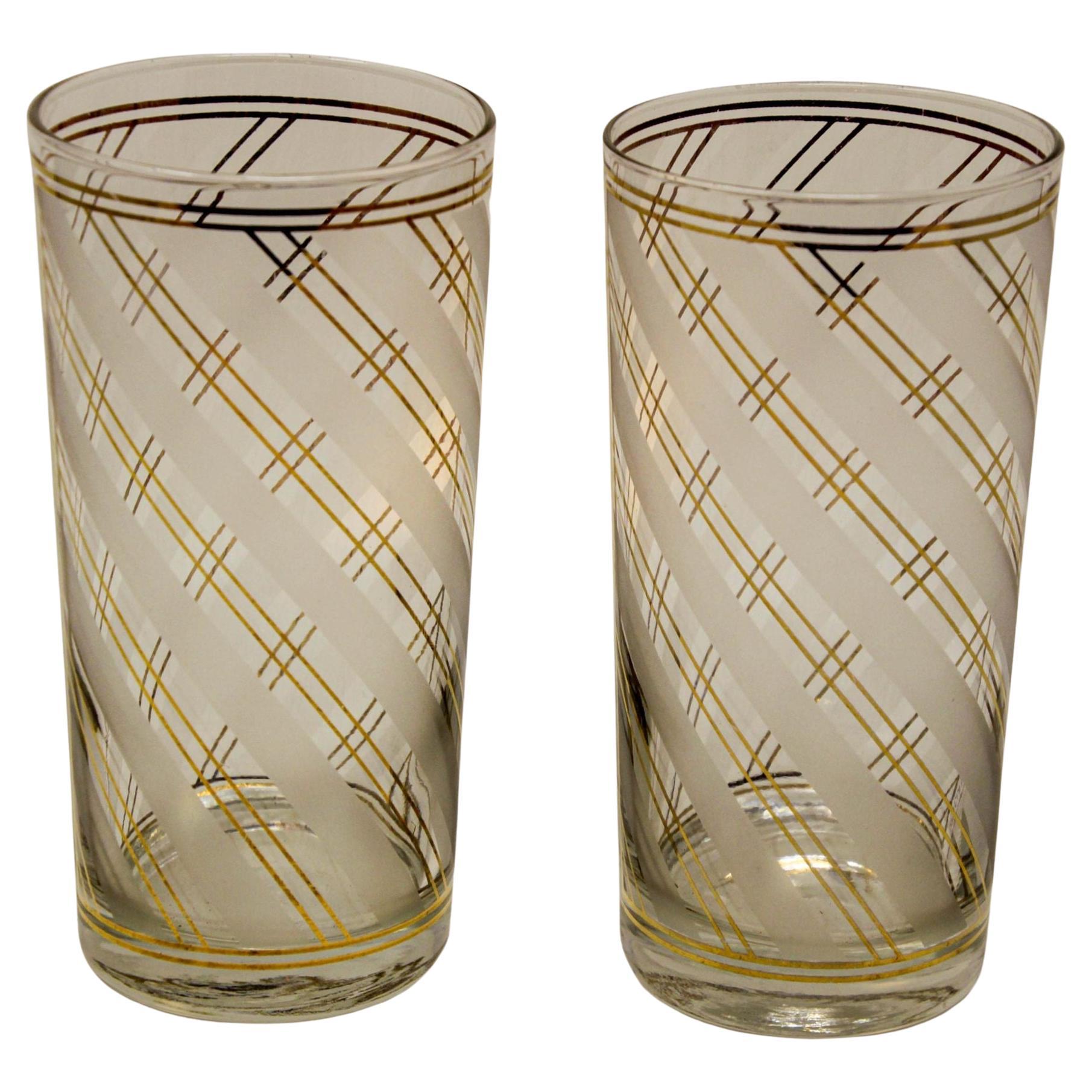 Mid Century Tom Collins Glasses With Alternating Gold and Frosted Glass  Bands- Set of 6