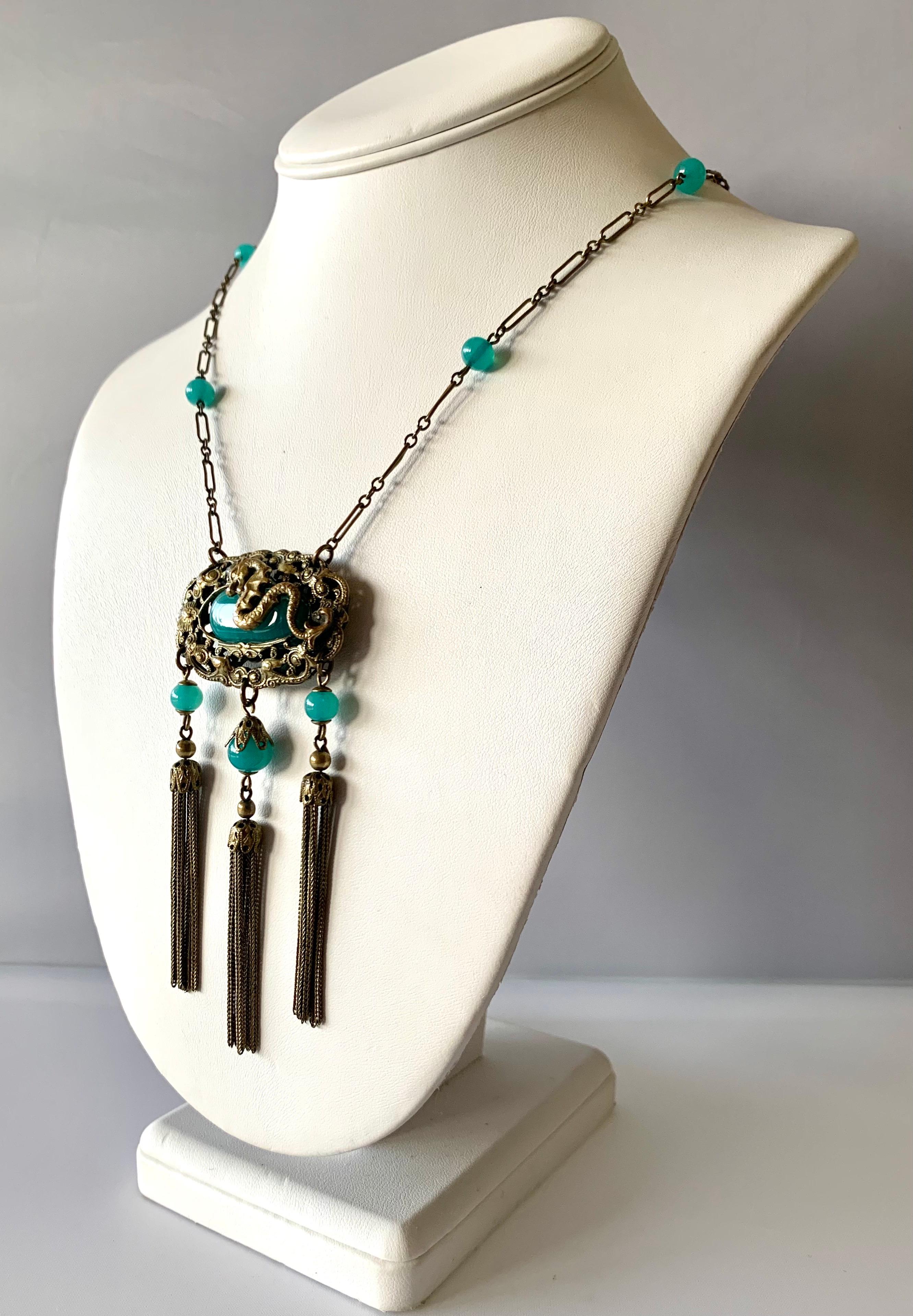 Vintage Art Deco Czech Dragon Tassel Necklace  In Excellent Condition In Palm Springs, CA