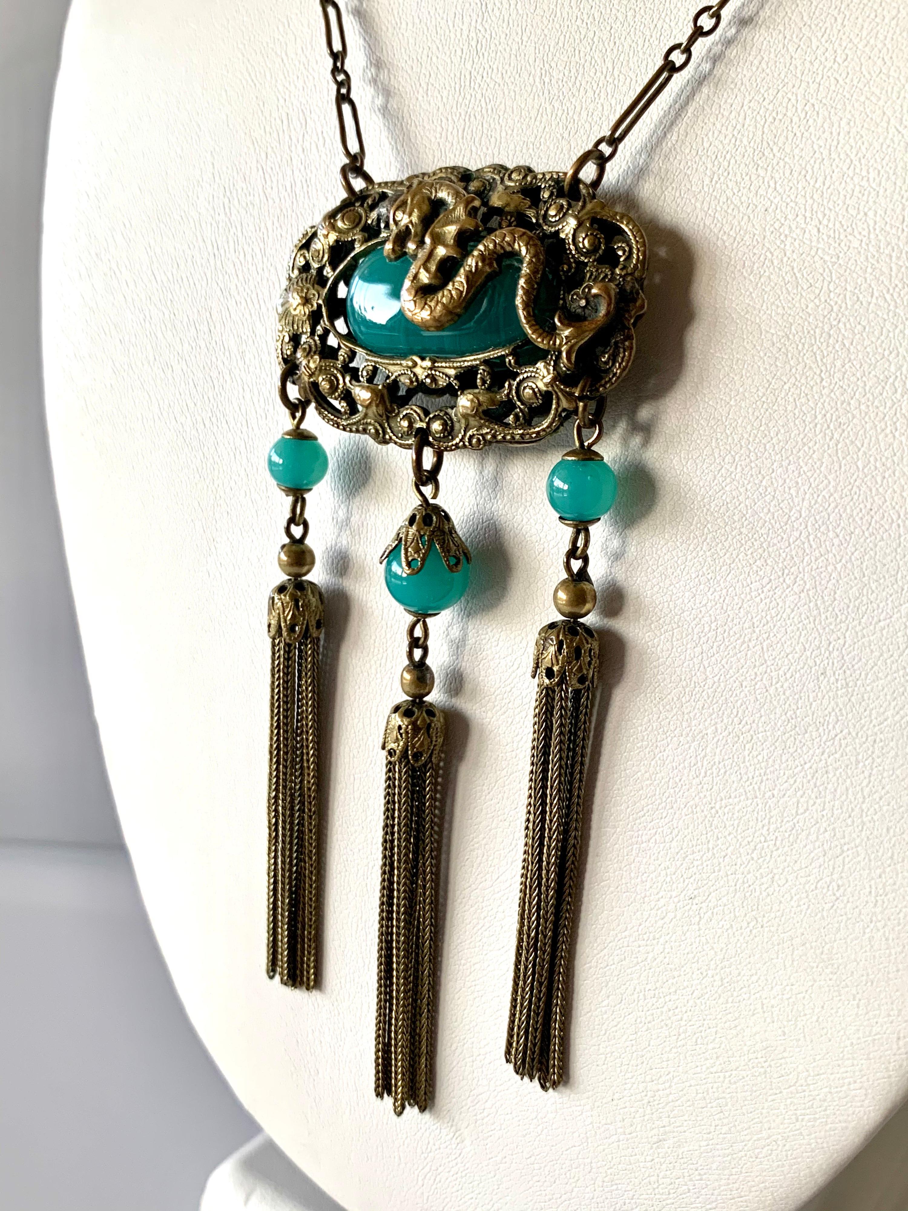 Women's Vintage Art Deco Czech Dragon Tassel Necklace 