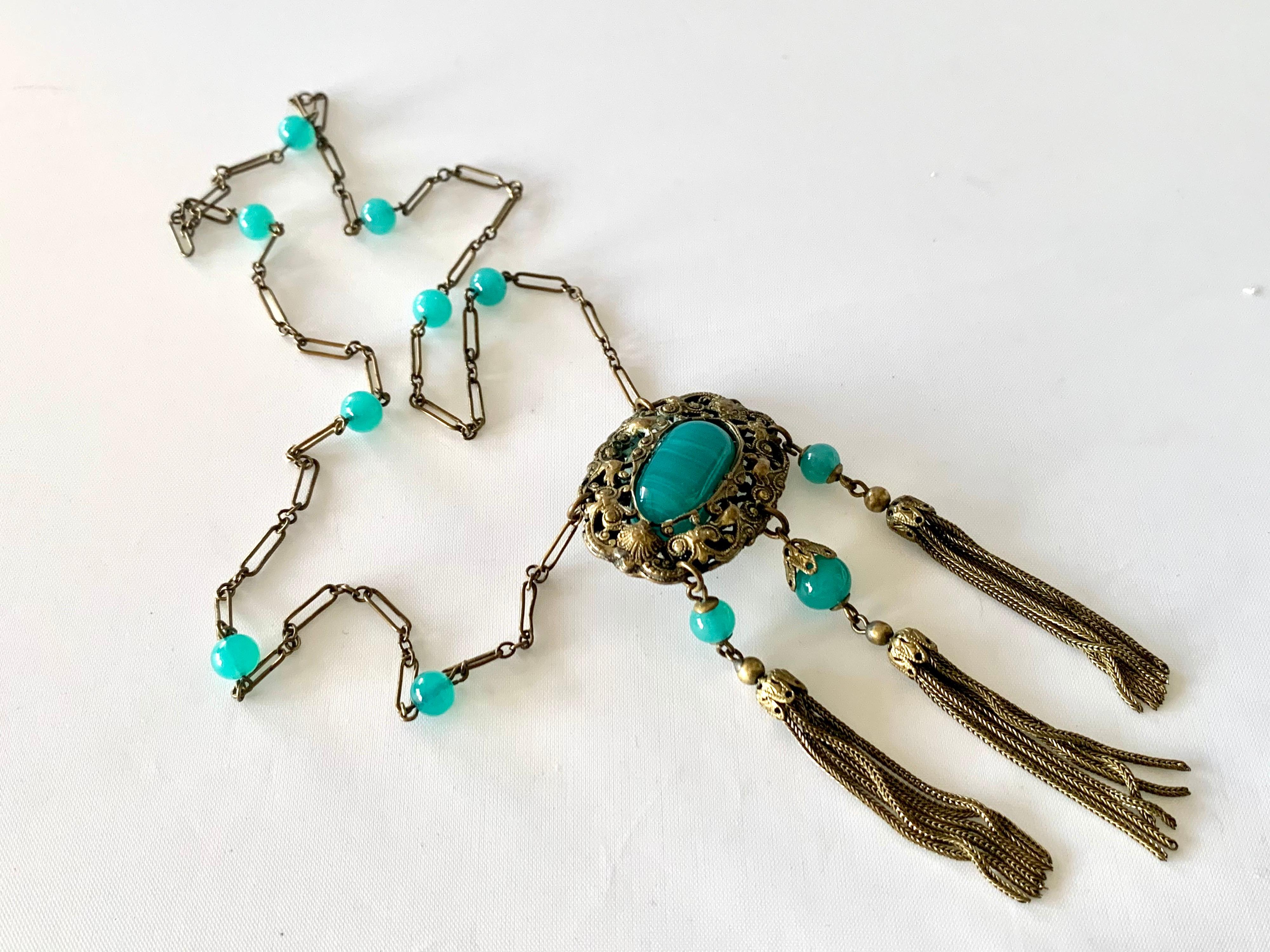 Vintage Art Deco Czech Dragon Tassel Necklace  4