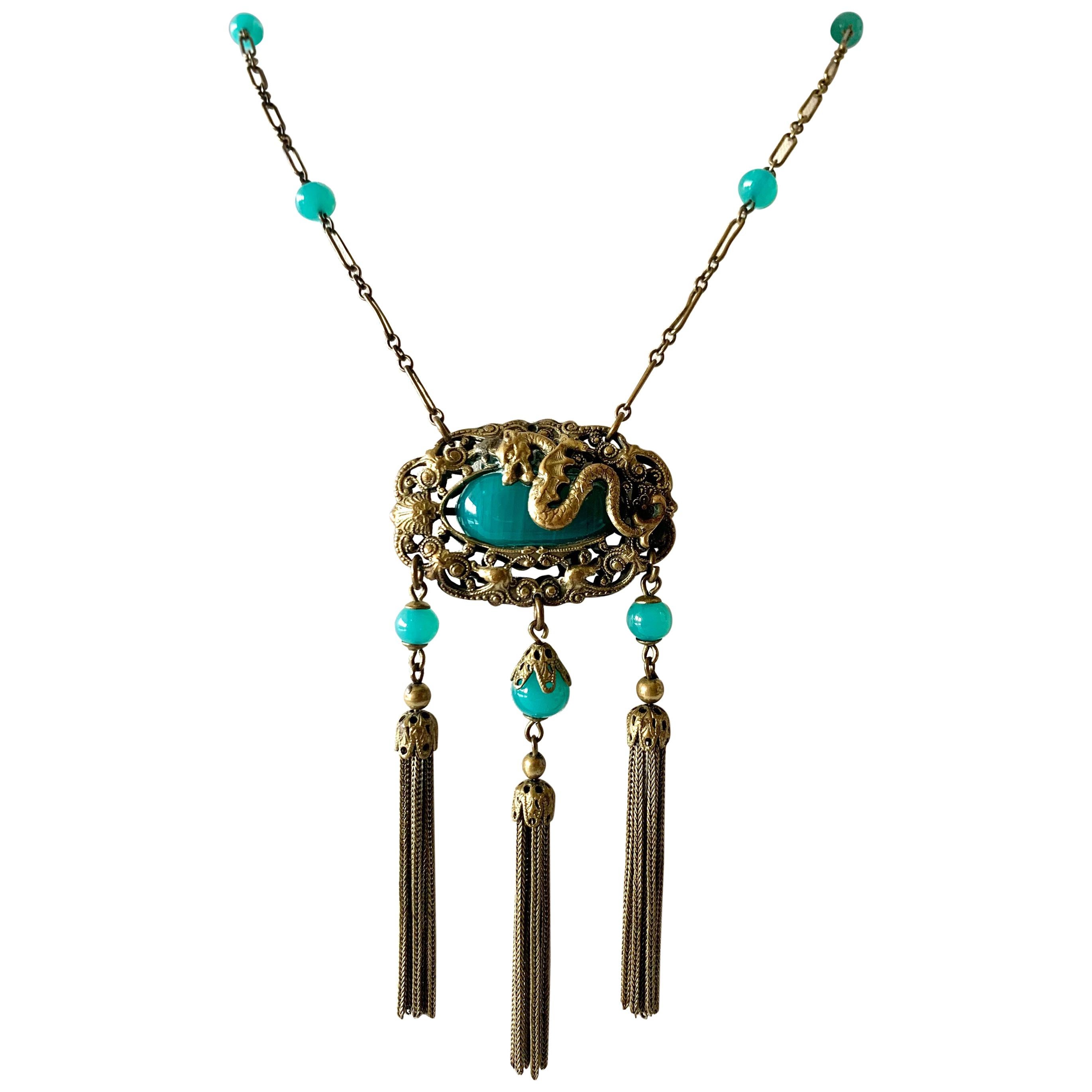 Vintage Art Deco Czech Dragon Tassel Necklace 