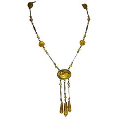 Antique Art Deco Czech Molded Glass & Foil Cabochon  Necklace