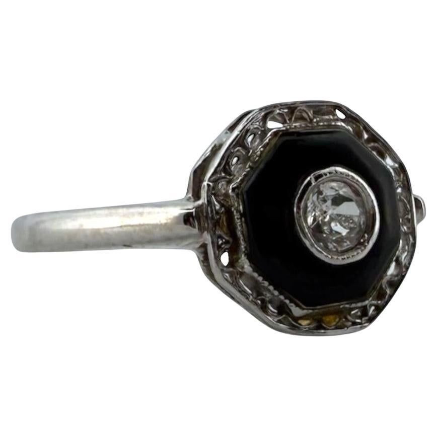 Vintage Art Deco Zierlicher Onyx & Diamant Filigraner Ring 14K Weißgold