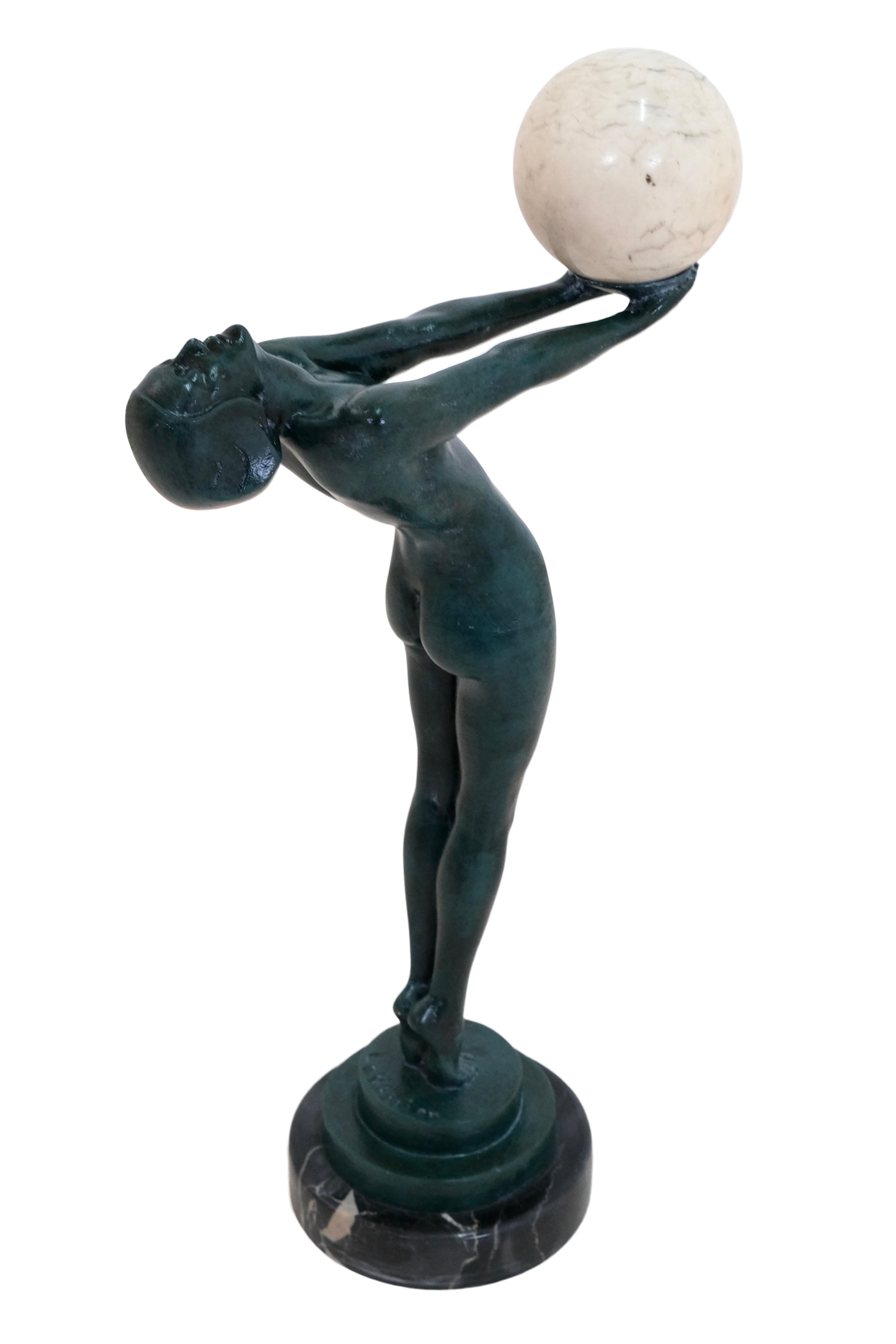 French Vintage Art Deco Dancer Sculpture Lueur Clarté with Onyx Ball by Max Le Verrier For Sale