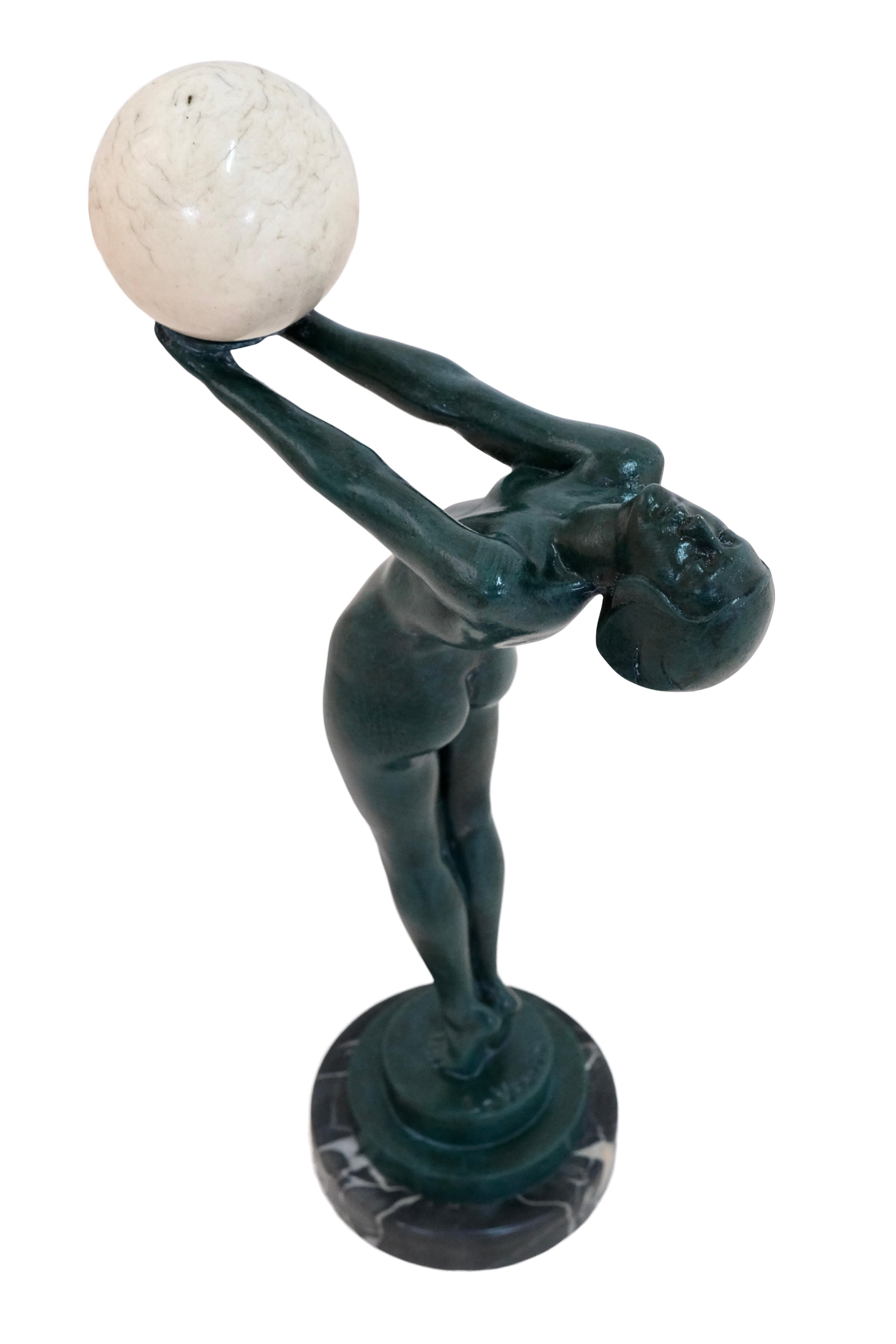 Patinated Vintage Art Deco Dancer Sculpture Lueur Clarté with Onyx Ball by Max Le Verrier For Sale