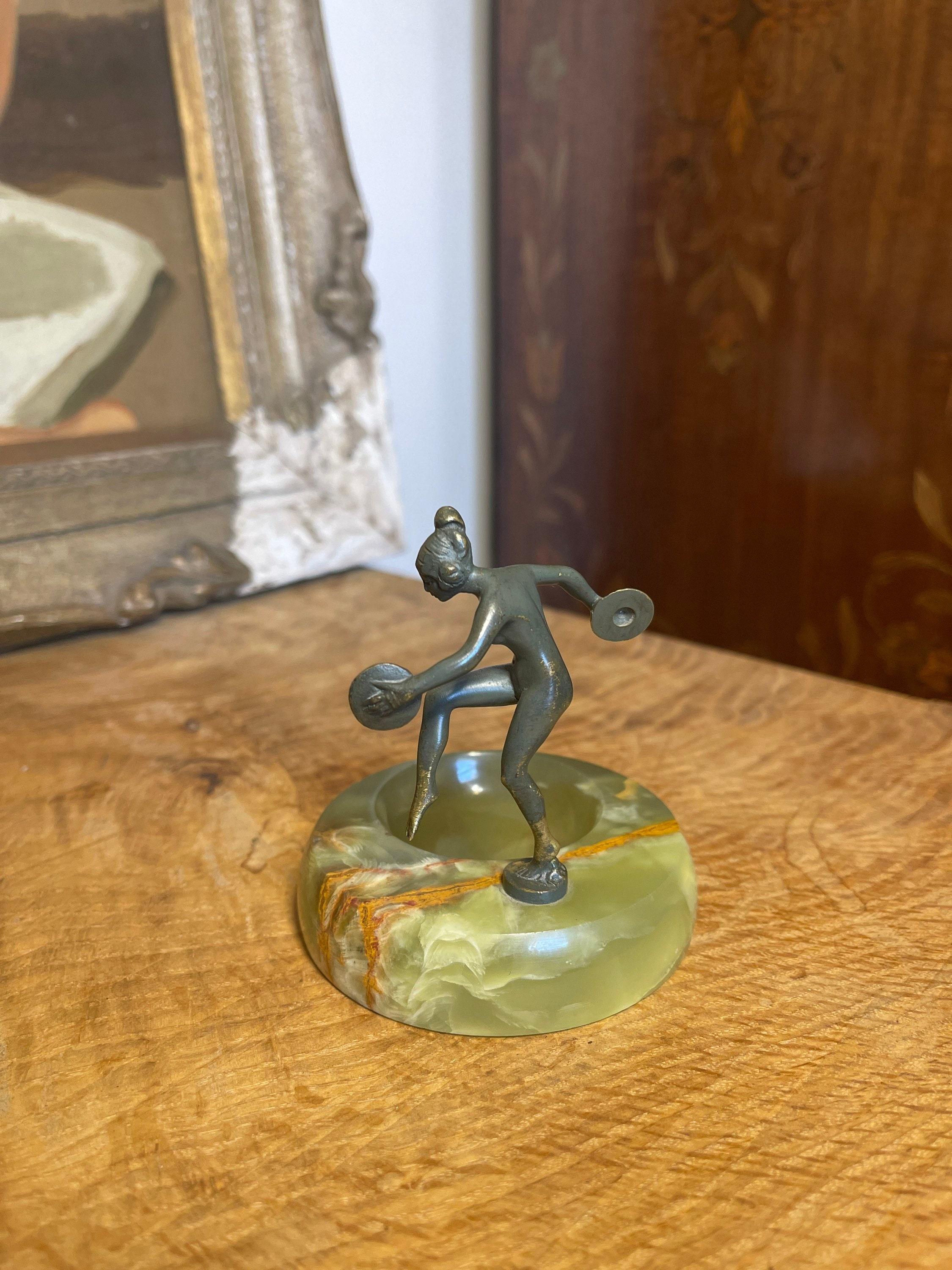 Vintage Art Deco tanzende Scheibenschale Damen Frau Mid-Century Modern Skulptur Kunst (Messing) im Angebot