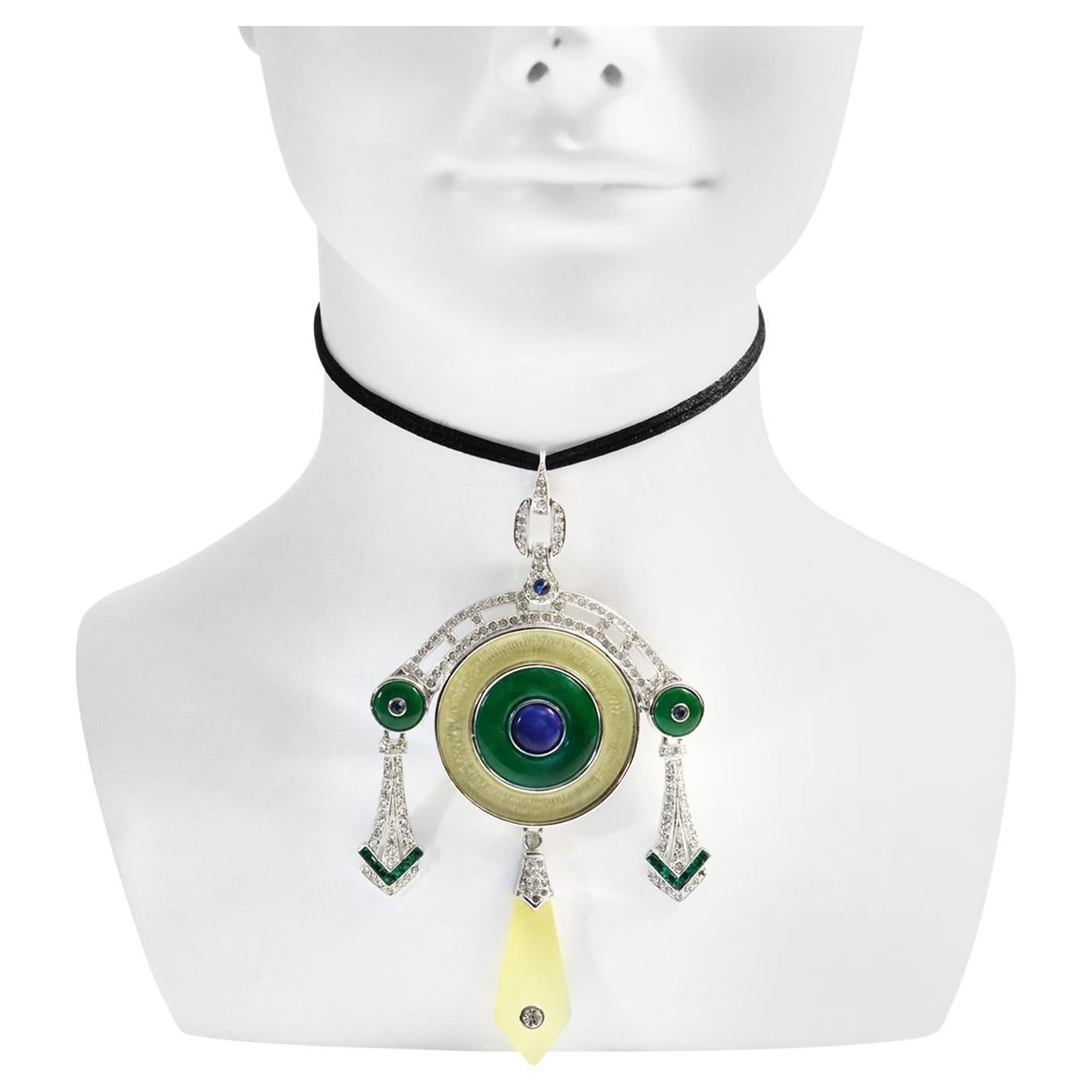 Vintage Art Deco Dangling Enamel and Diamante Pendant. Based on a Cartier Design from the 1920s. Has green and yellow enamel with dangling green crystal and diamante pieces.   This is on a black silk cord but the wearer could always change to a