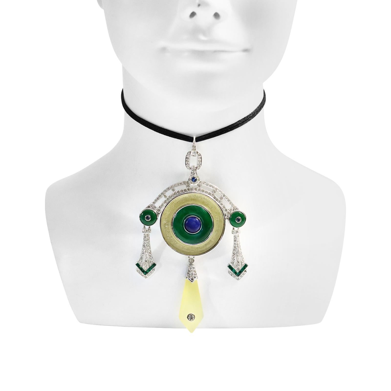 Ciondolo vintage ArtDeco89 con smalto e diamanti pendenti, circa anni '80 in vendita 1
