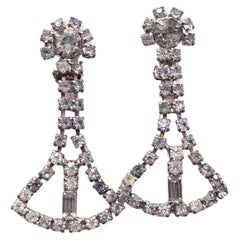 Retro Art Deco Dangling Fan Clip On Earrings, Prong-Set Clear Crystal, Silver