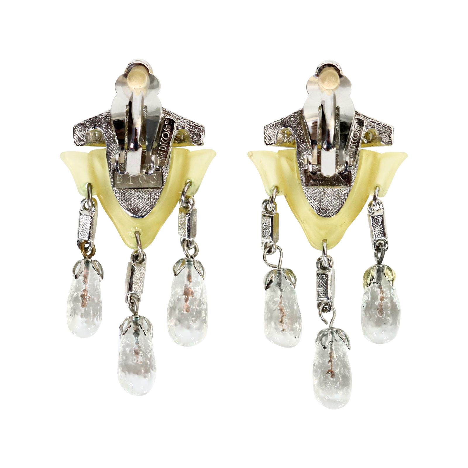 Vintage Art Deco Dangling Resin and Diamante Faux Emerald Earrings Circa 1980s For Sale 3