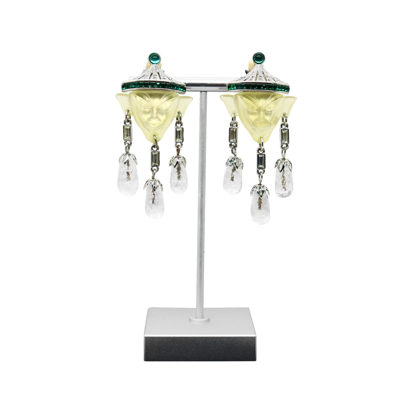 Vintage Art Deco Dangling Resin and Diamante Faux Emerald Earrings Circa 1980s In Good Condition For Sale In New York, NY