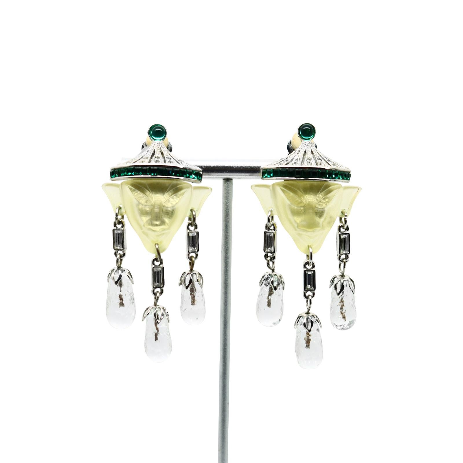 Women's or Men's Vintage Art Deco Dangling Resin and Diamante Faux Emerald Earrings Circa 1980s For Sale