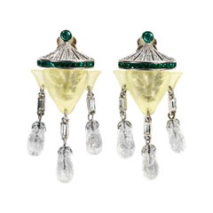 Vintage Art Deco Dangling Resin and Diamante Faux Emerald Earrings Circa 1980s