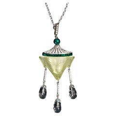 Art Deco Style Dangling Resin and Diamante Faux Emerald Necklace Circa 1989