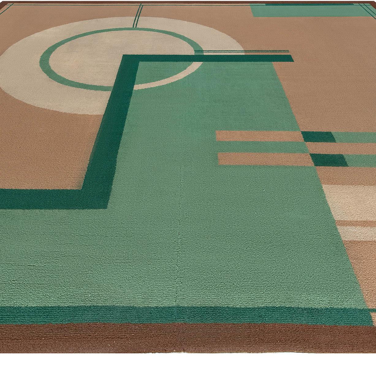 Vintage Art Deco Decorative Area Camel and Green Handwoven Wool Rug at ...