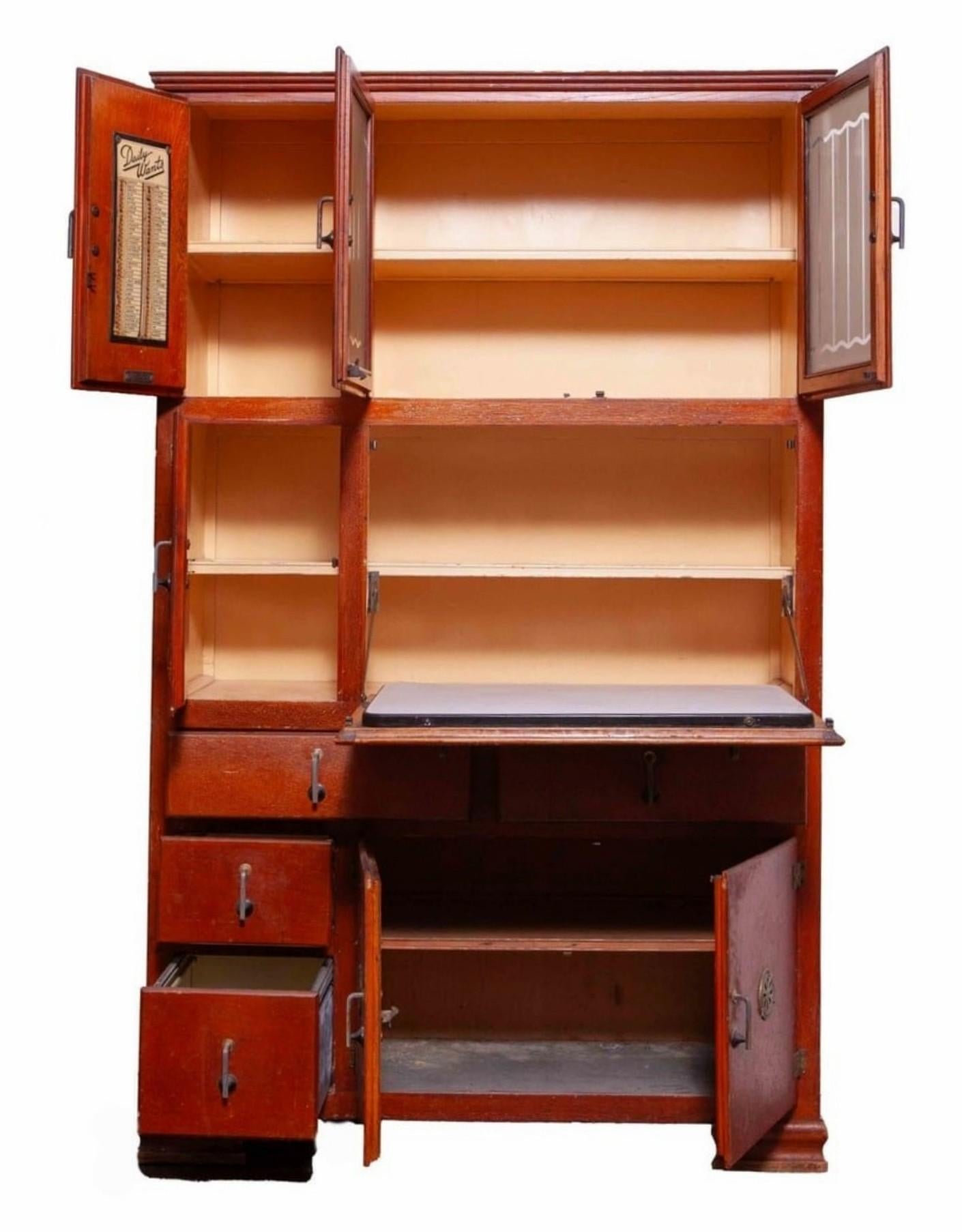 Glass Vintage Art Deco Depression Era Wood Maid Saver Kitchen Cupboard Pantry Cabinet