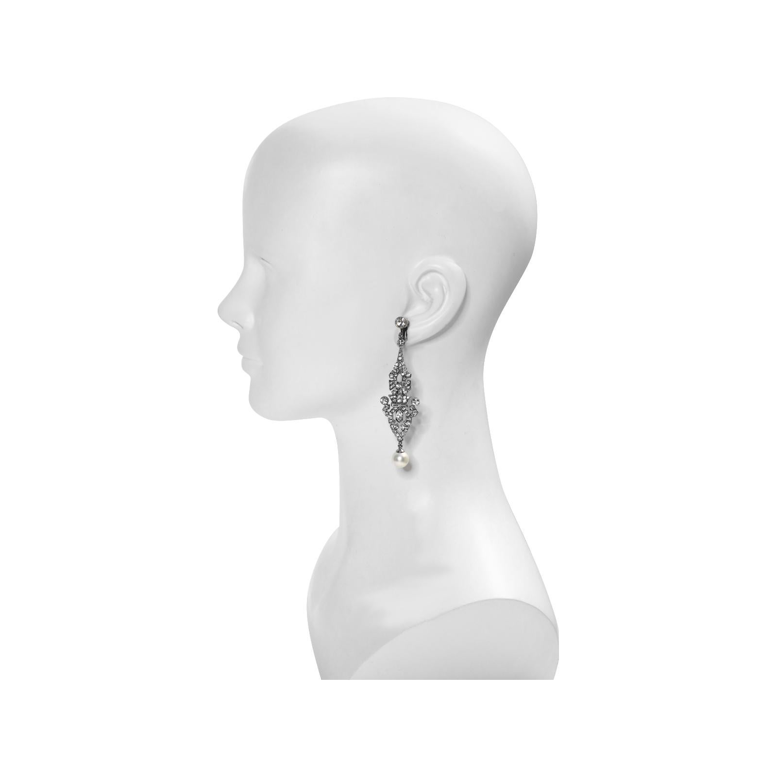 Vintage Art Deco Diamante with Faux Pearl Dangling Earrings, Circa 1980s In Good Condition For Sale In New York, NY