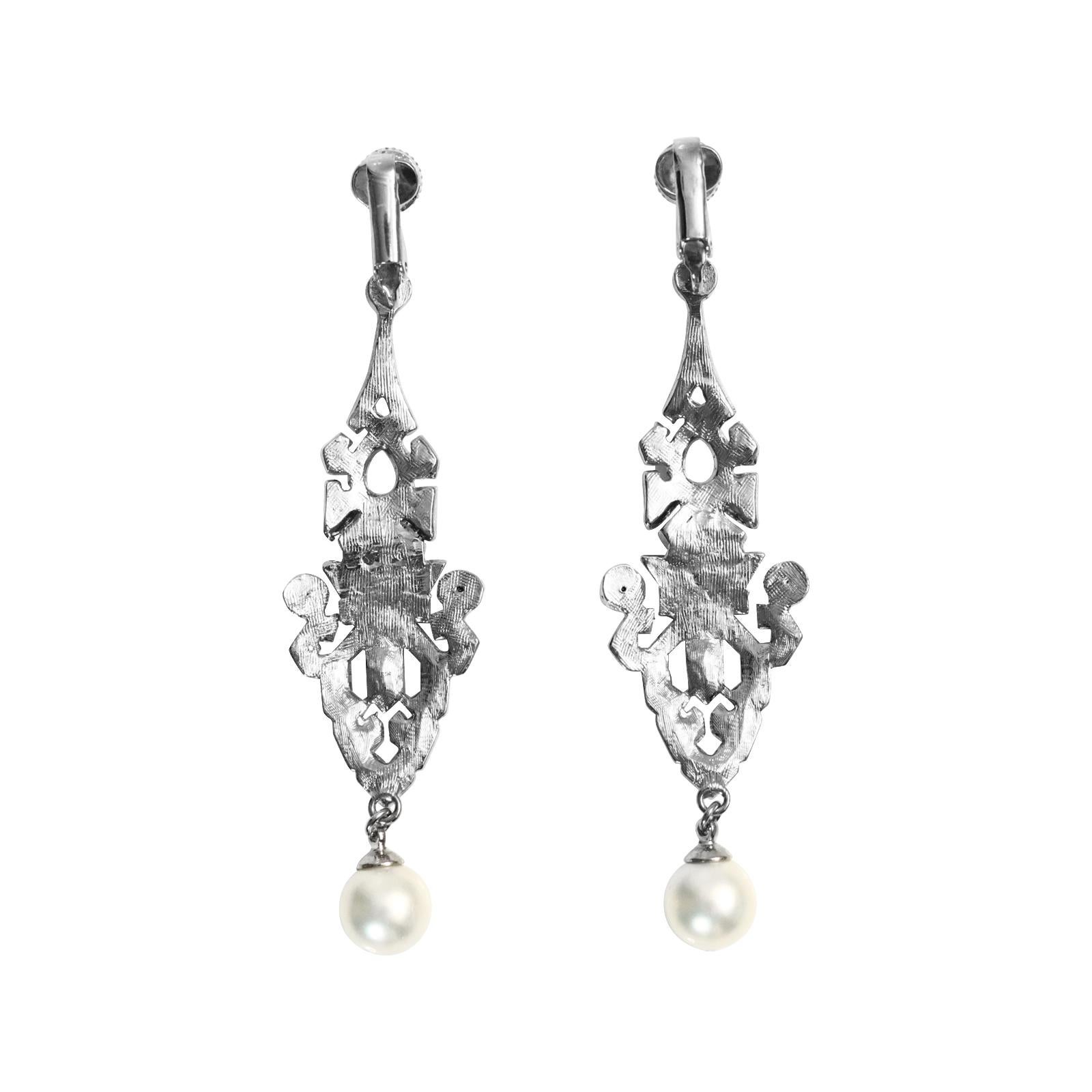 Vintage Art Deco Diamante with Faux Pearl Dangling Earrings, Circa 1980s For Sale 1