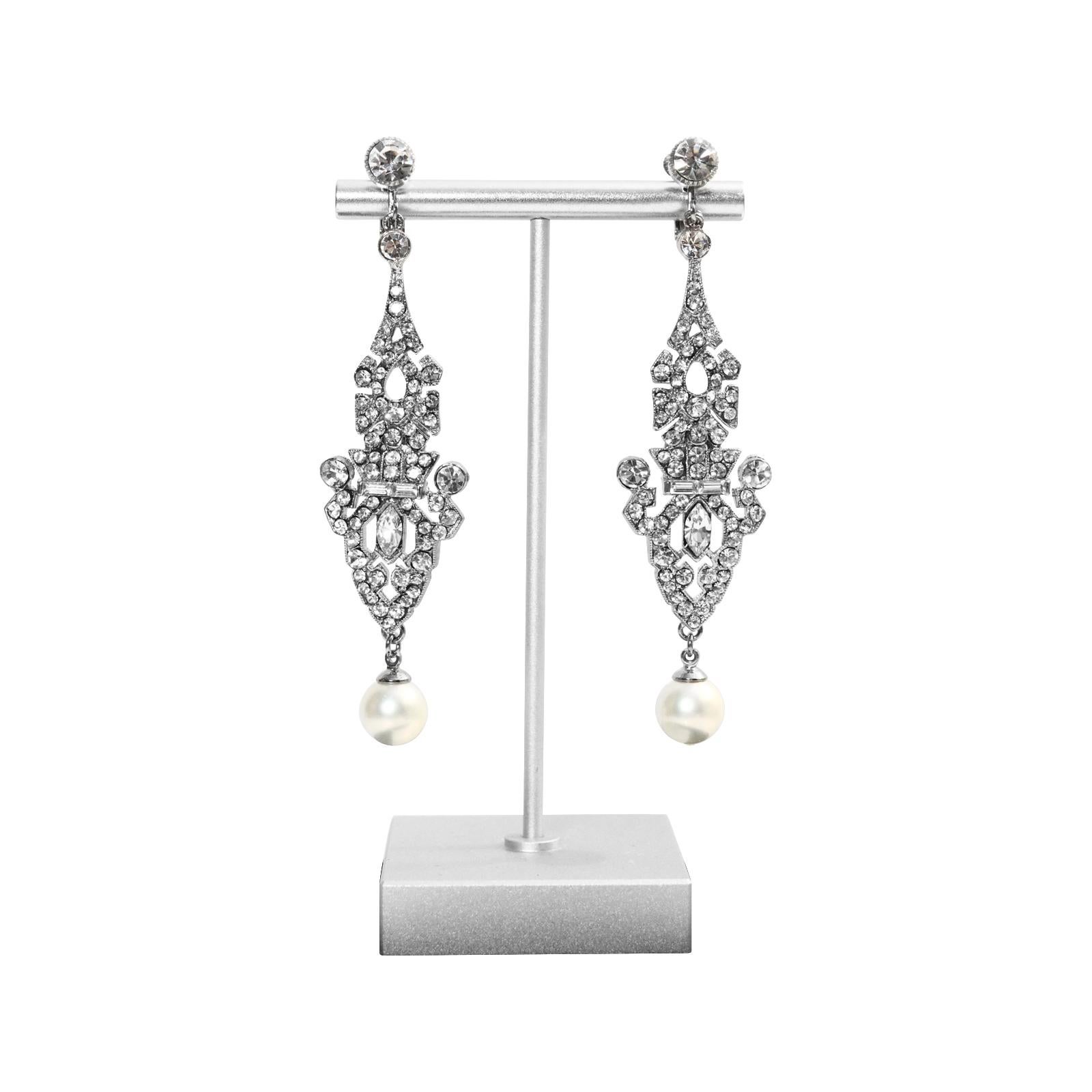 Vintage Art Deco Diamante with Faux Pearl Dangling Earrings, Circa 1980s For Sale 3