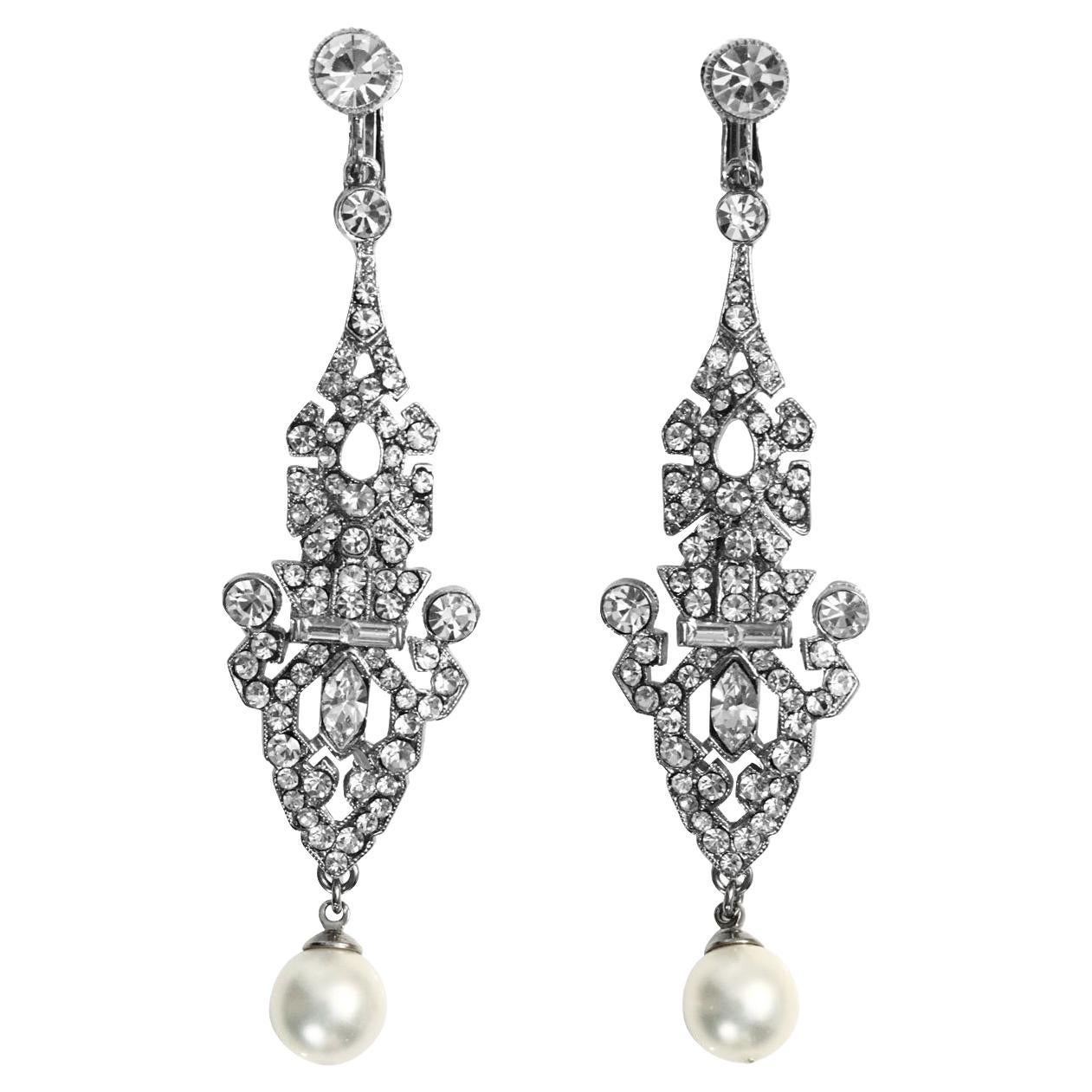 Vintage Art Deco Diamante with Faux Pearl Dangling Earrings, Circa 1980s