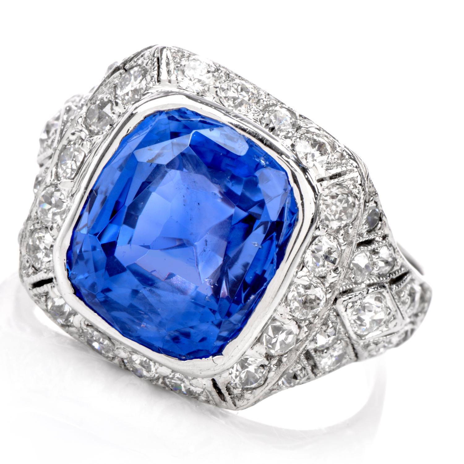 This beautiful vinatge Diamond Sapphire ring was inspired in Art Deco fashion and crafted in luxurious Platinum.

Ideally centered, this ring is adorned with a Royal Blue Color; 10.58 carats Natural NO Heat Ceylon Sapphire, No treatments

measuring