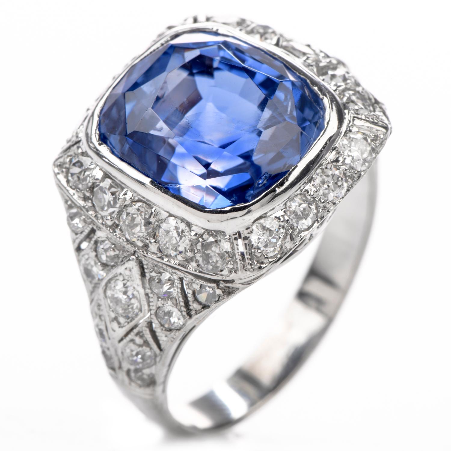 Vintage Art Deco Diamond 10.58 Carat No Heat GIA Sapphire Platinum Ring 4