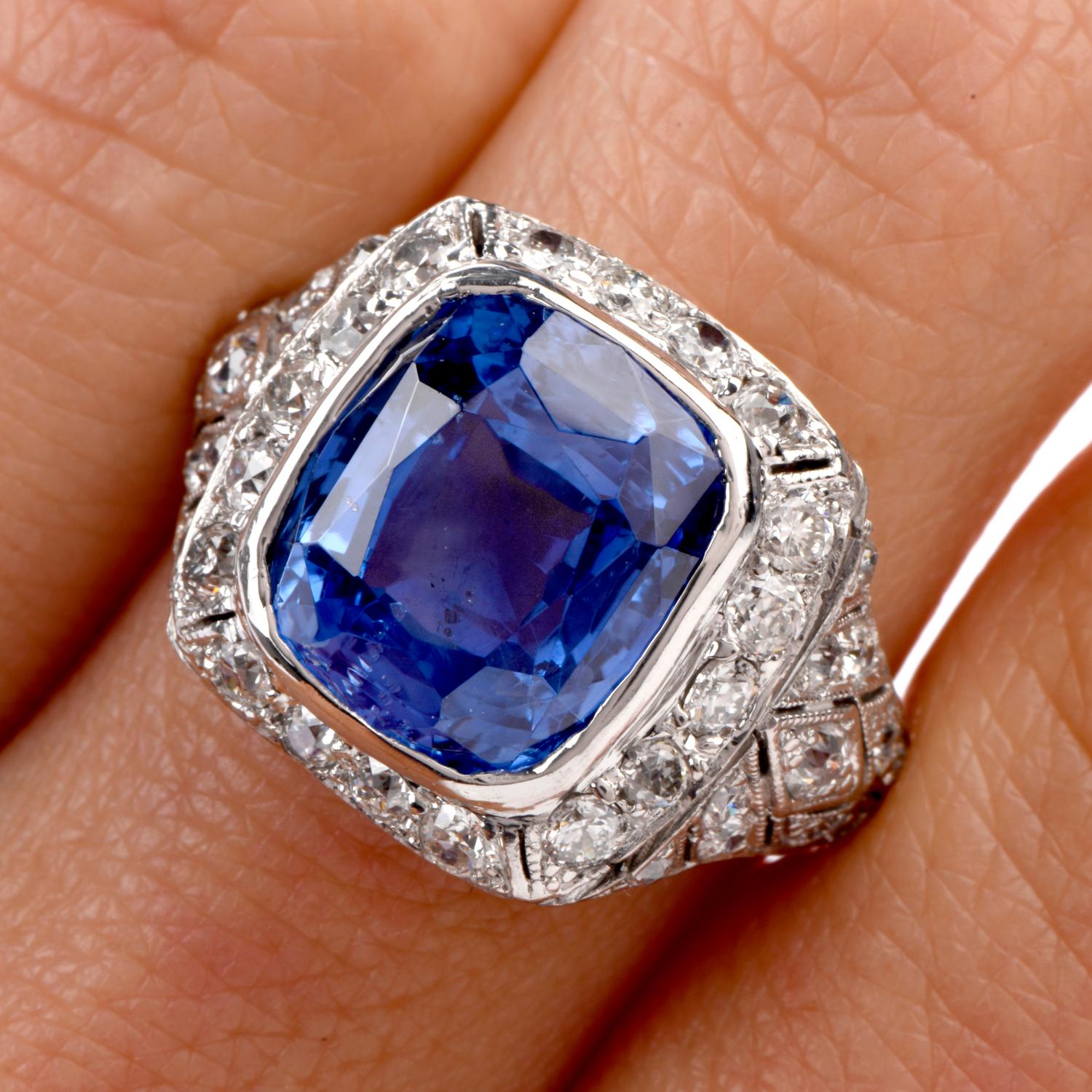 Women's or Men's Vintage Art Deco Diamond 10.58 Carat No Heat GIA Sapphire Platinum Ring