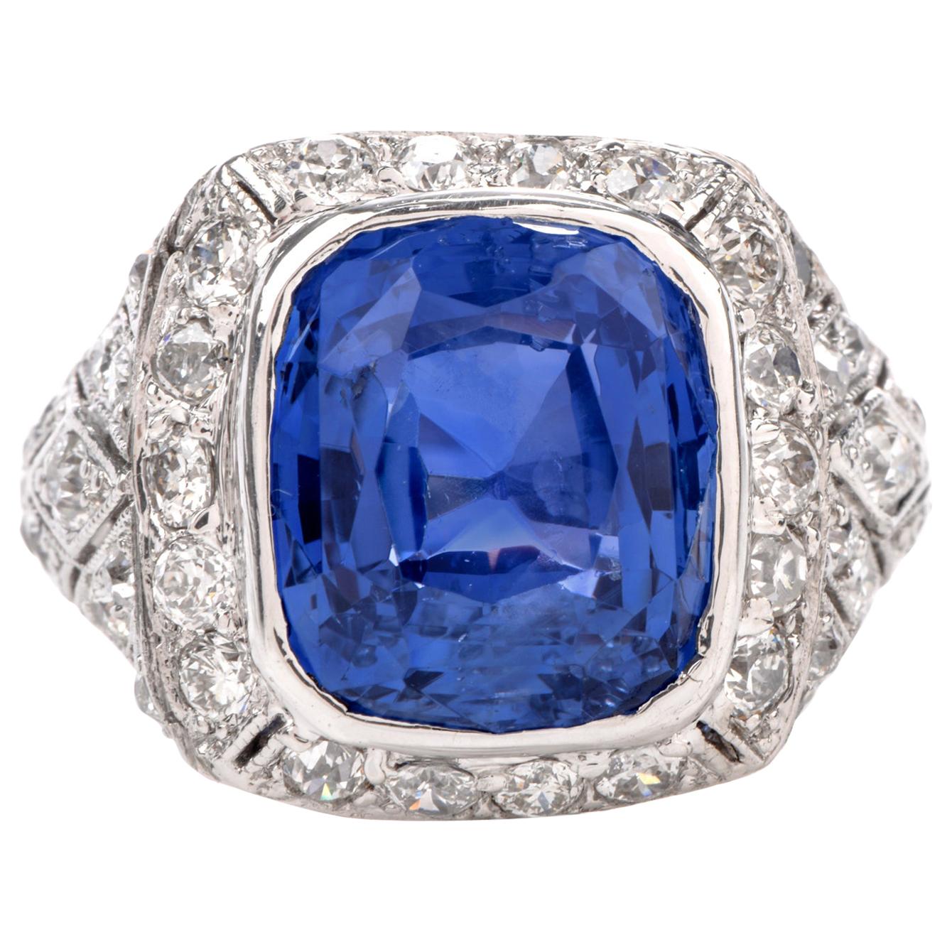 Vintage Art Deco Diamond 10.58 Carat No Heat GIA Sapphire Platinum Ring