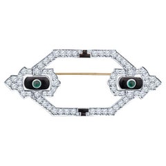 Vintage Late Art Deco Diamond and Emerald Cabochon platinum Brooch