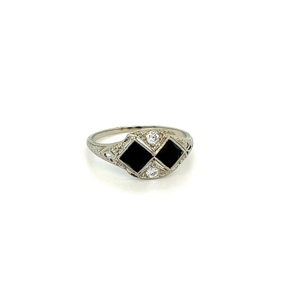 Simply Beautiful! Elegant and finely detailed Vintage Art Deco Diamond and Onyx Cocktail Ring. Hand set, securely nestled with Onyx and OEC Diamonds, weighing approx. 0.15tcw. Ring size 7, ring re-sizing available. Beautifully Engraved and Hand