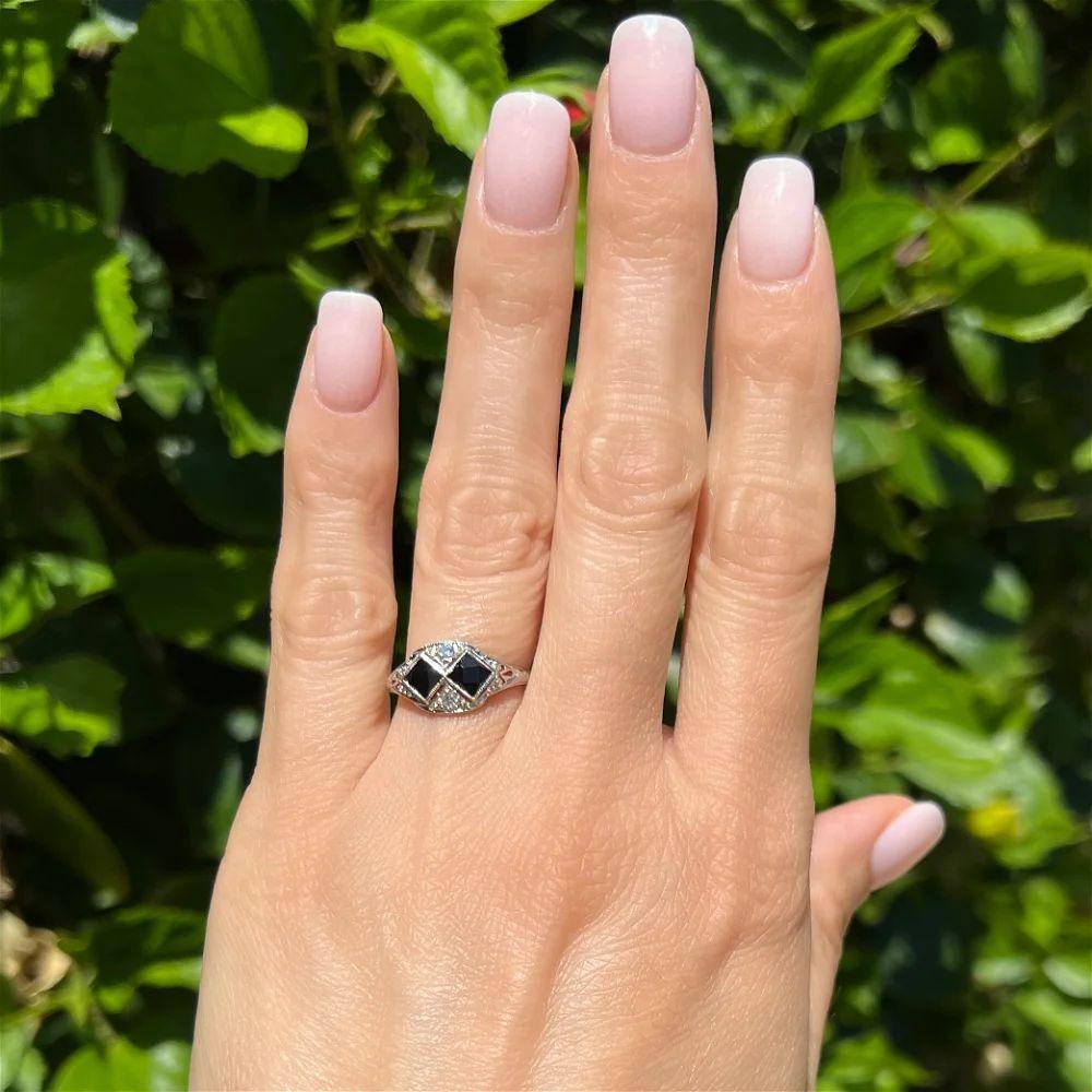 Mixed Cut Vintage Art Deco Diamond and Onyx Engraved Gold Ring
