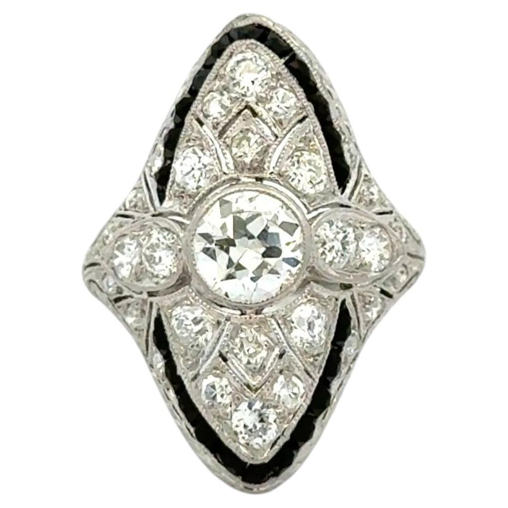 Vintage Art Deco Diamond and Onyx Platinum Navette Cocktail Ring For Sale
