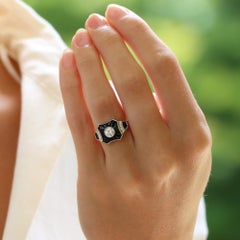 Vintage Art Deco Diamond and Onyx Target Ring Set in Platinum