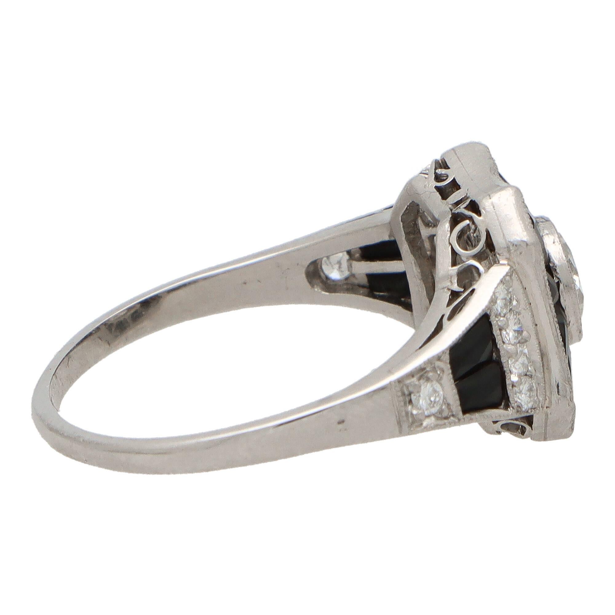 Women's or Men's Vintage Art Deco Diamond and Onyx Target Ring Set in Platinum For Sale