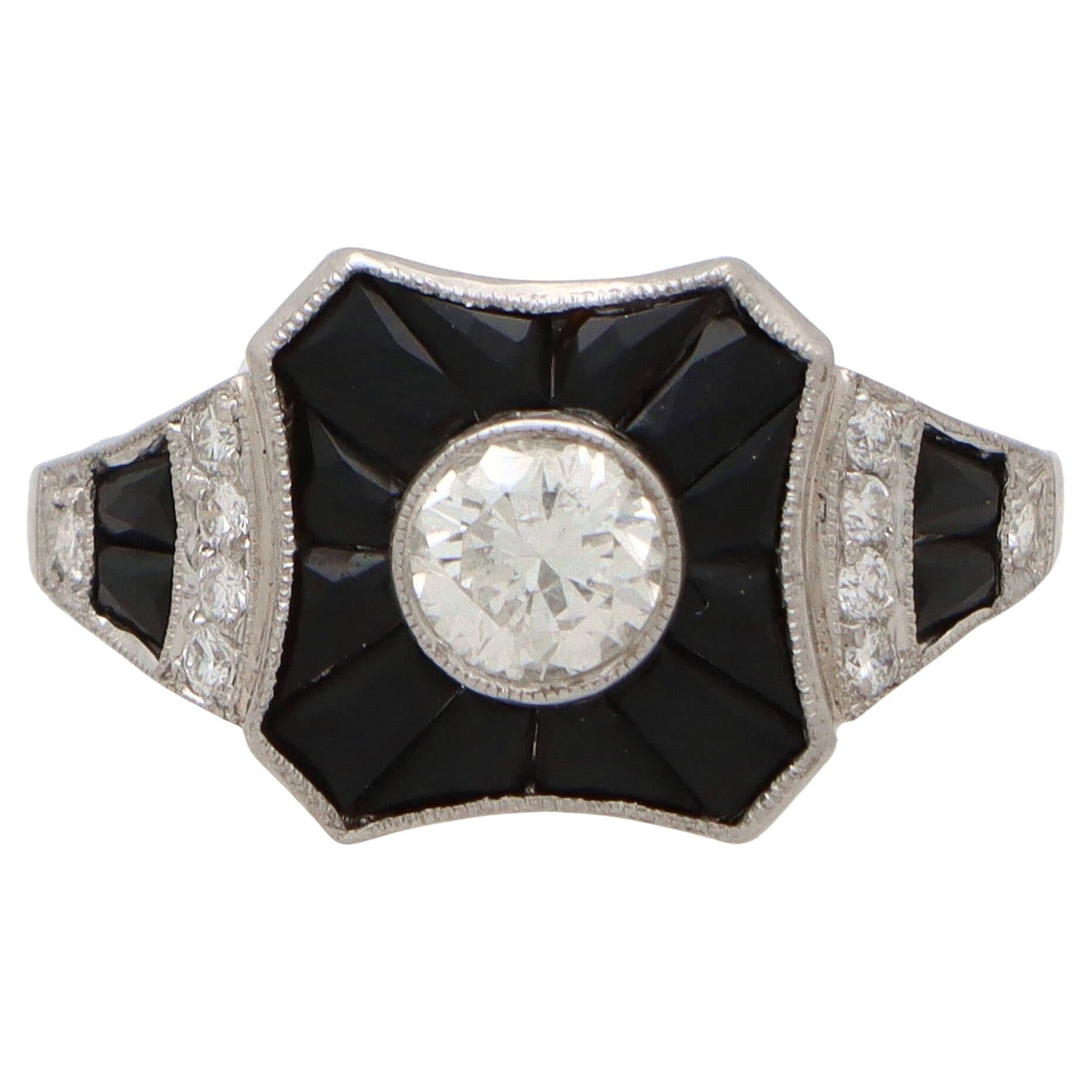Vintage Art Deco Diamond and Onyx Target Ring Set in Platinum For Sale