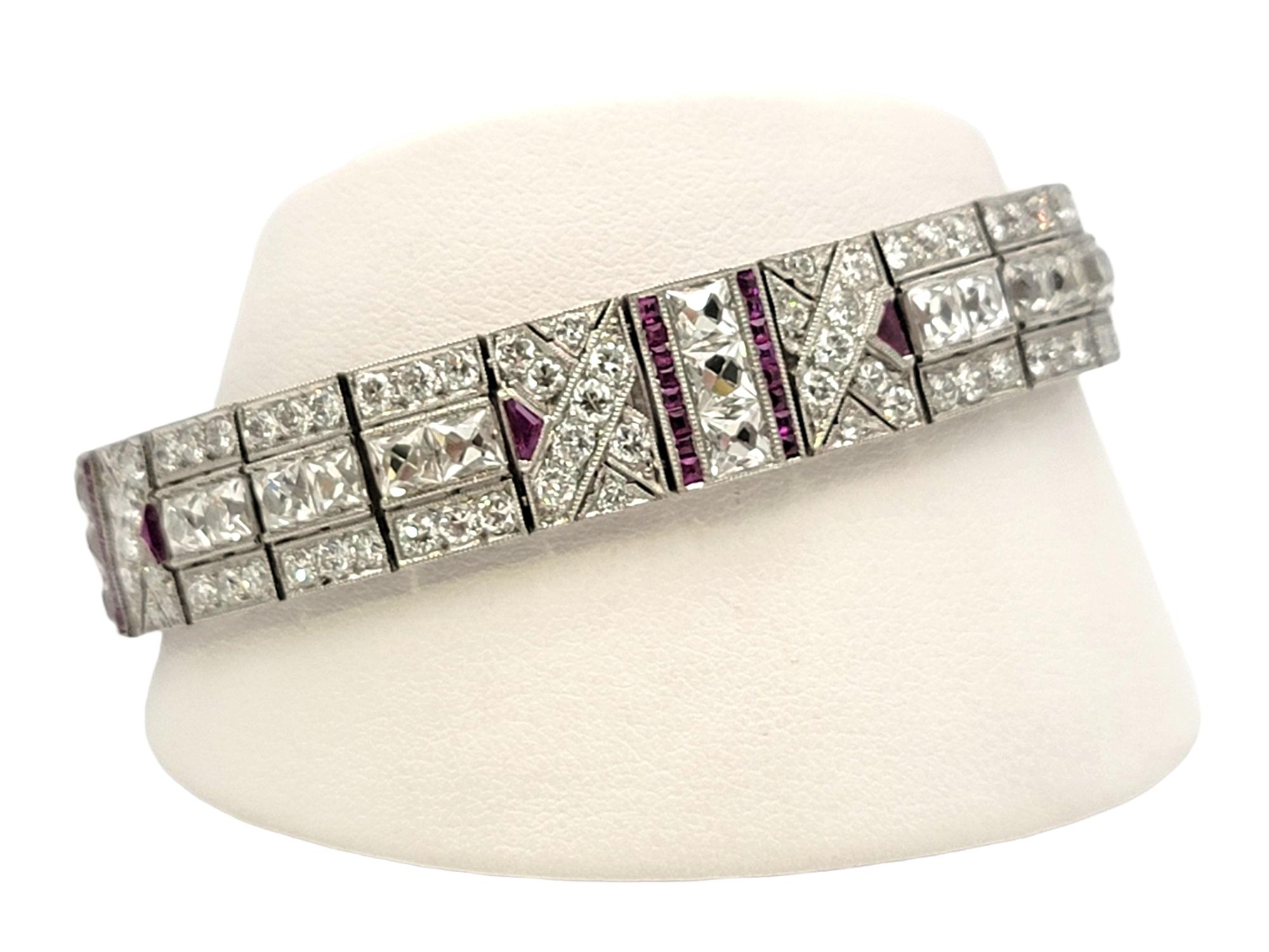 Vintage Art Deco Diamond and Ruby Bracelet 14.64 Carat Total Geometric Design For Sale 2