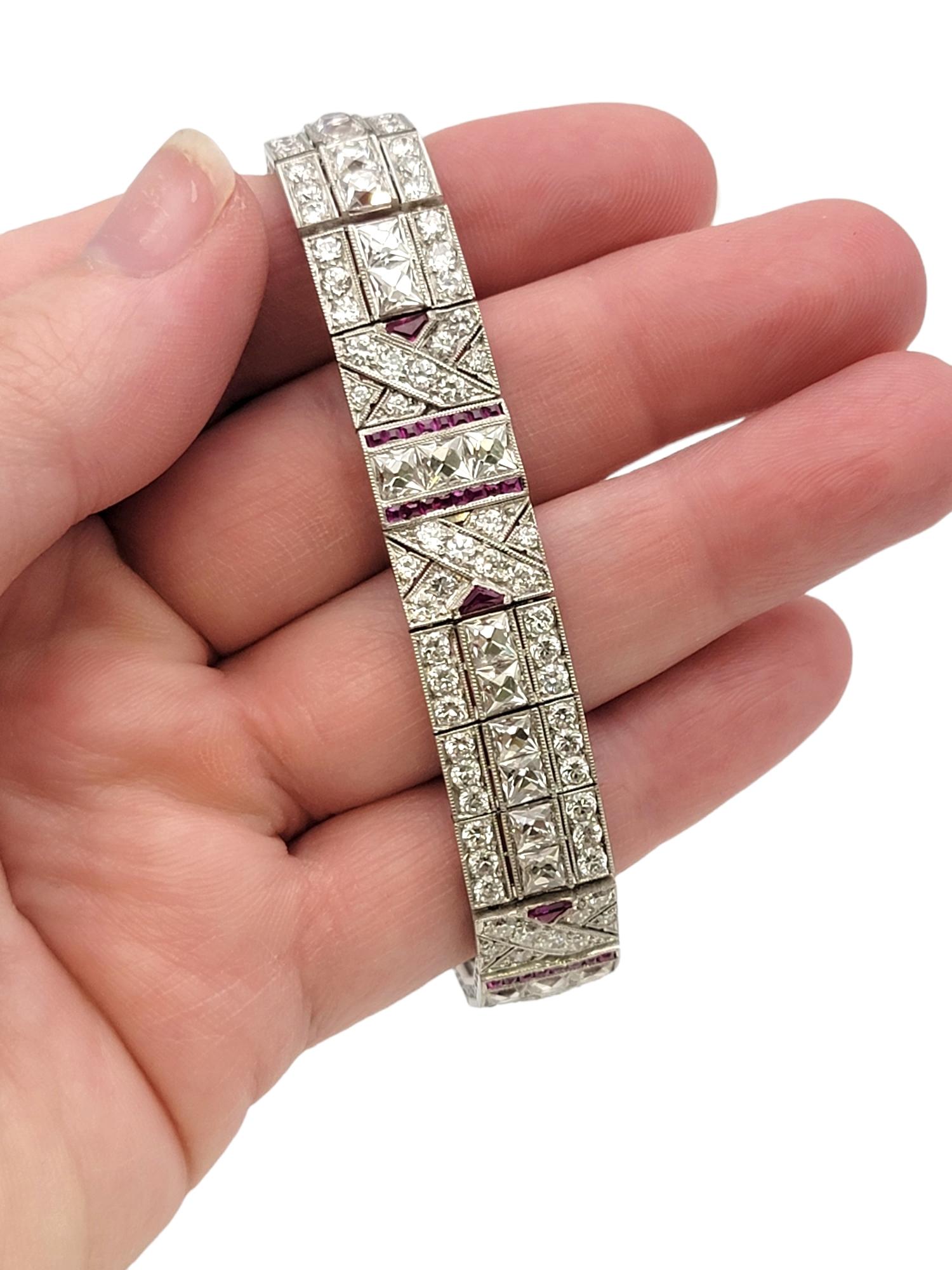 Vintage Art Deco Diamond and Ruby Bracelet 14.64 Carat Total Geometric Design For Sale 3