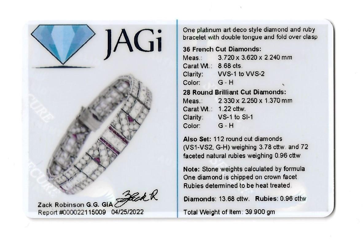 Bracelet Art déco vintage en diamants et rubis de 14,64 carats au total, design géométrique en vente 8
