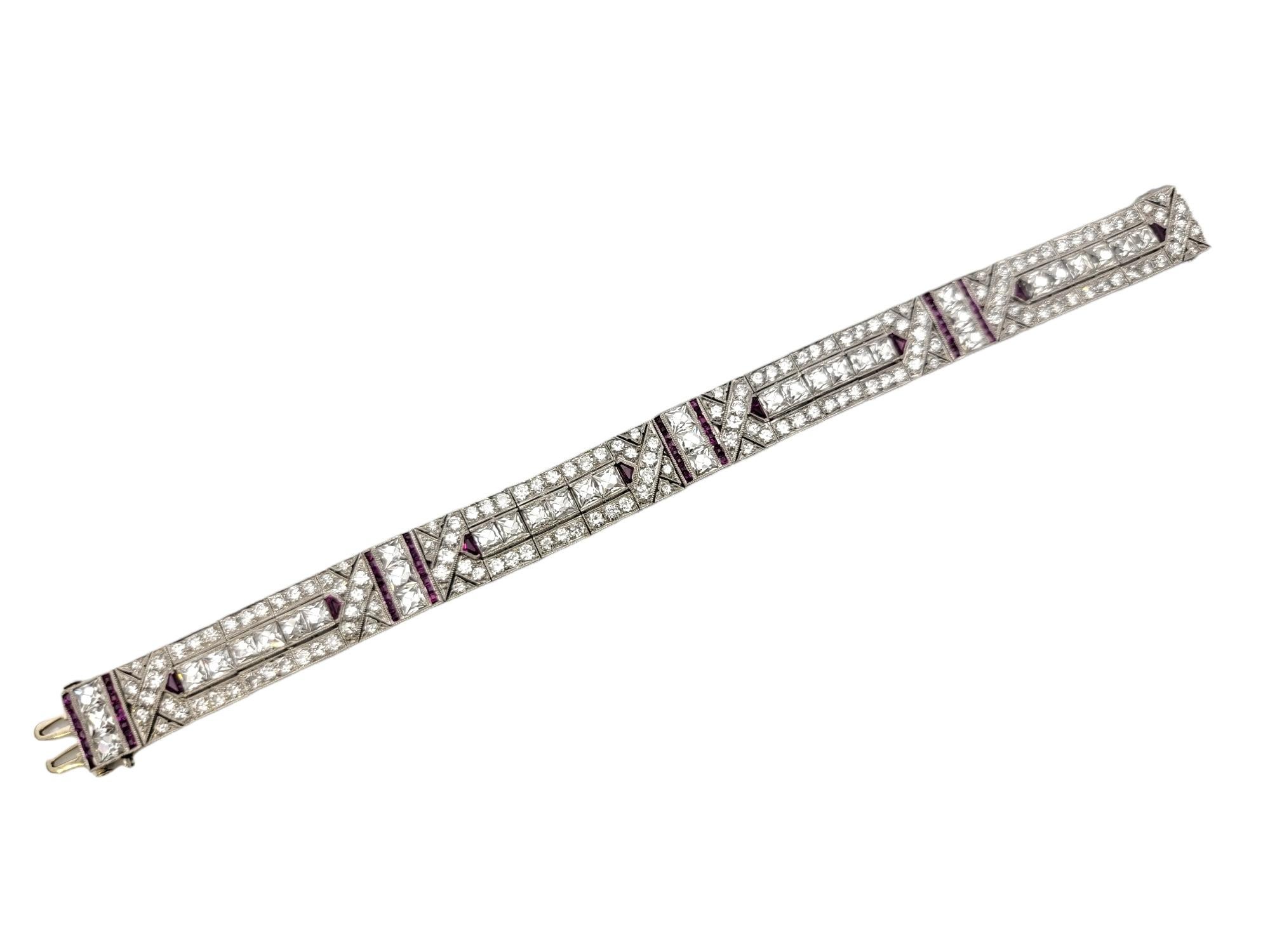 Diamant- und Rubin-Armband im Vintage-Stil, 14,64 Karat, geometrisches Muster, Art déco Damen im Angebot