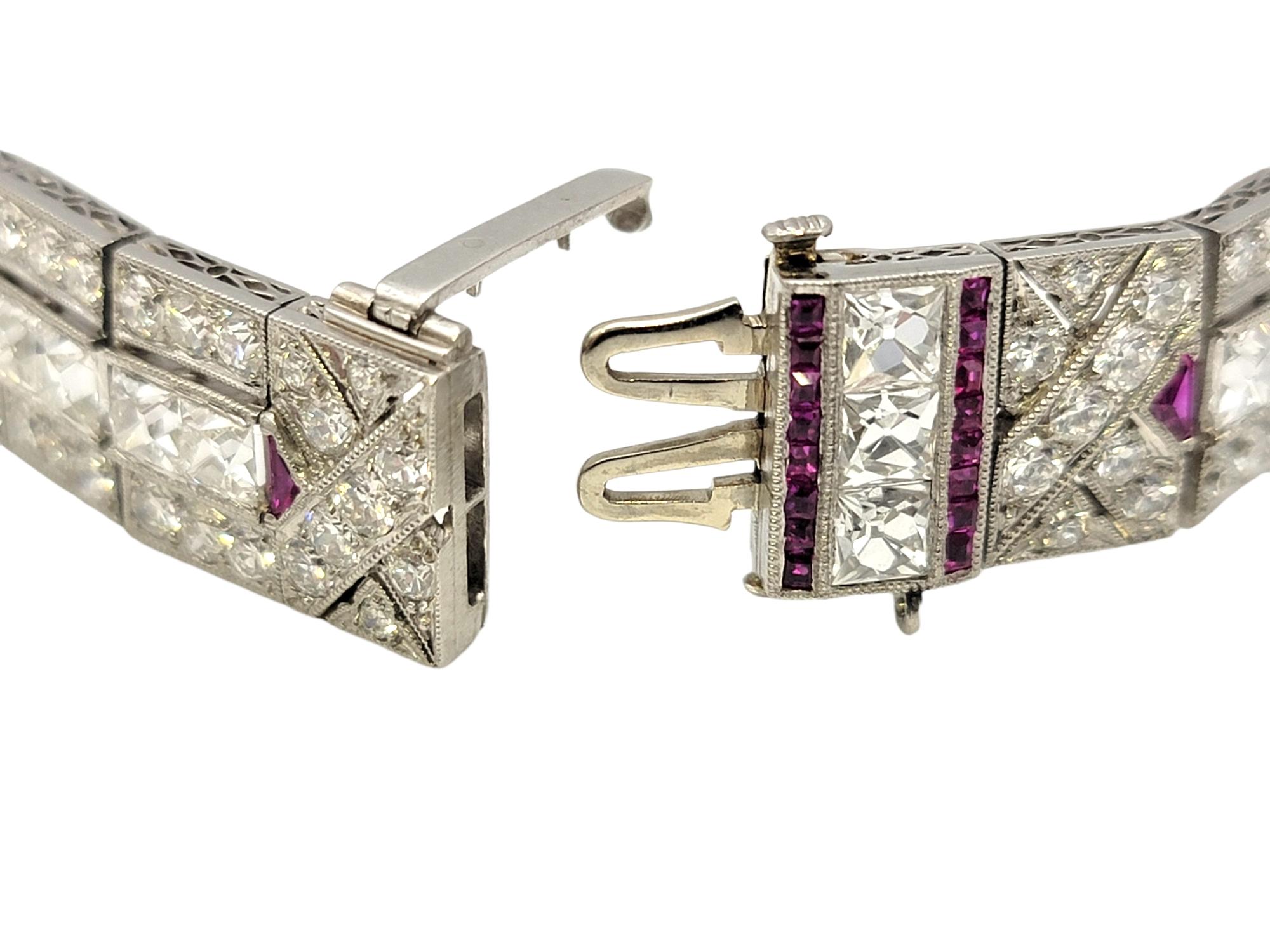 French Cut Vintage Art Deco Diamond and Ruby Bracelet 14.64 Carat Total Geometric Design For Sale