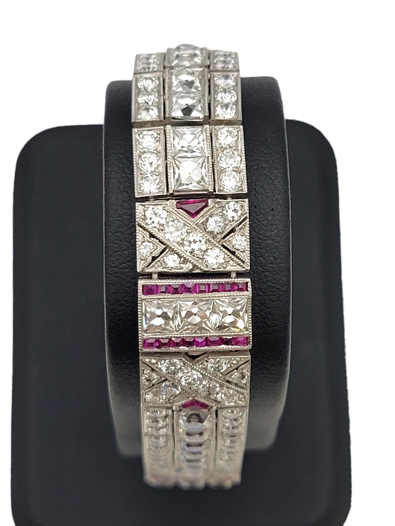 Women's Vintage Art Deco Diamond and Ruby Bracelet 14.64 Carat Total Geometric Design For Sale