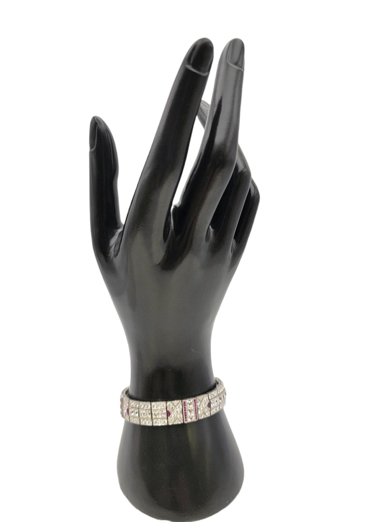 Diamant- und Rubin-Armband im Vintage-Stil, 14,64 Karat, geometrisches Muster, Art déco im Angebot 4