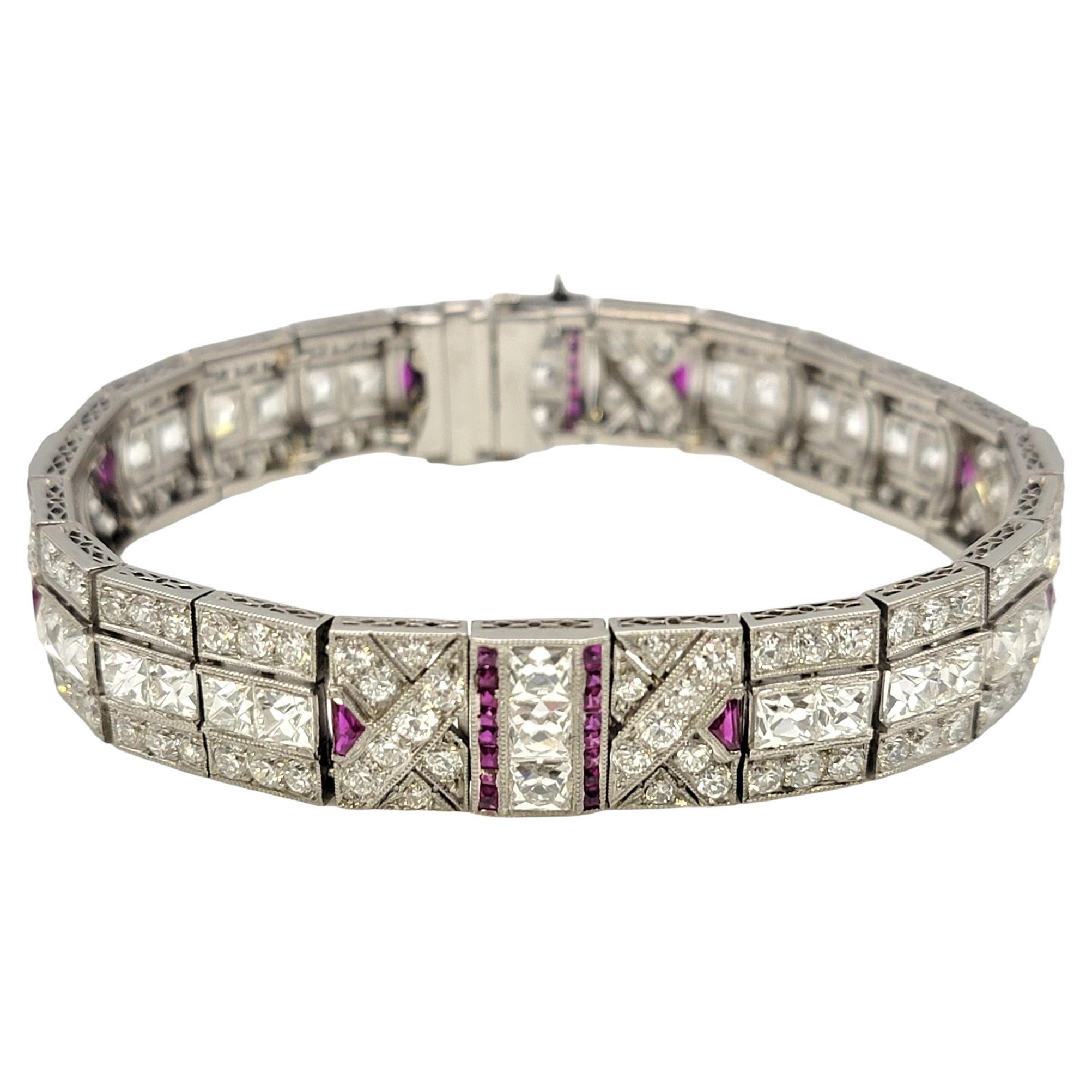 Diamant- und Rubin-Armband im Vintage-Stil, 14,64 Karat, geometrisches Muster, Art déco im Angebot