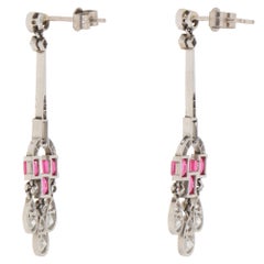 Vintage Art Deco Diamond and Ruby Drop Earrings in Platinum