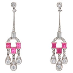 Vintage Art Deco Diamond and Ruby Drop Earrings in Platinum