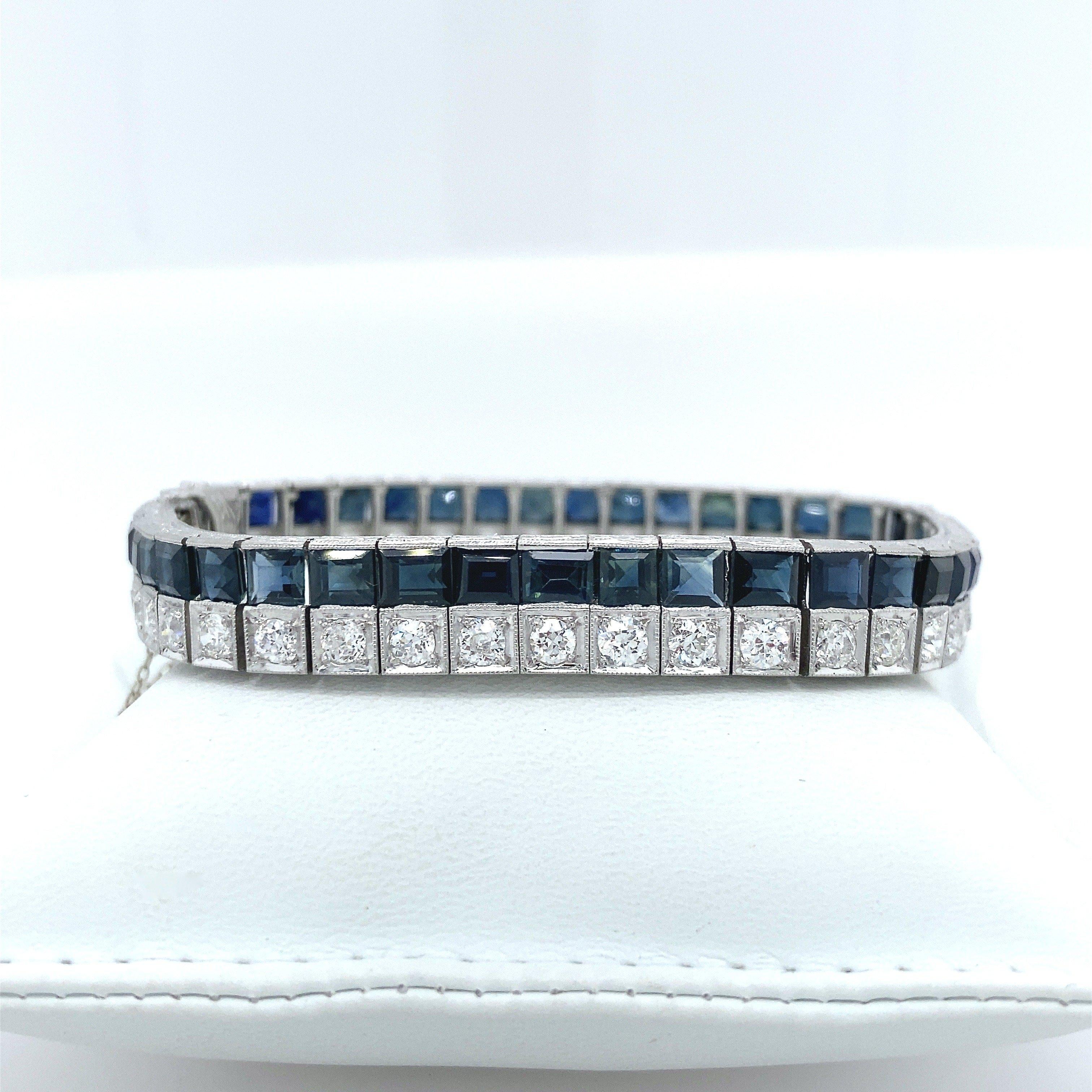 Old European Cut Vintage Art Deco Diamond and Sapphire Line Bracelet