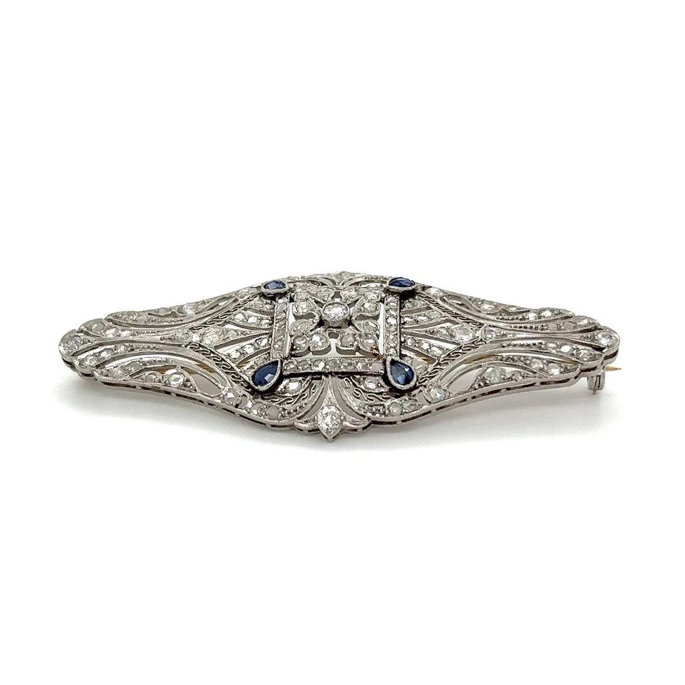 Mixed Cut Vintage Art Deco Diamond and Sapphire Platinum Brooch Pin Estate Fine Jewelry For Sale